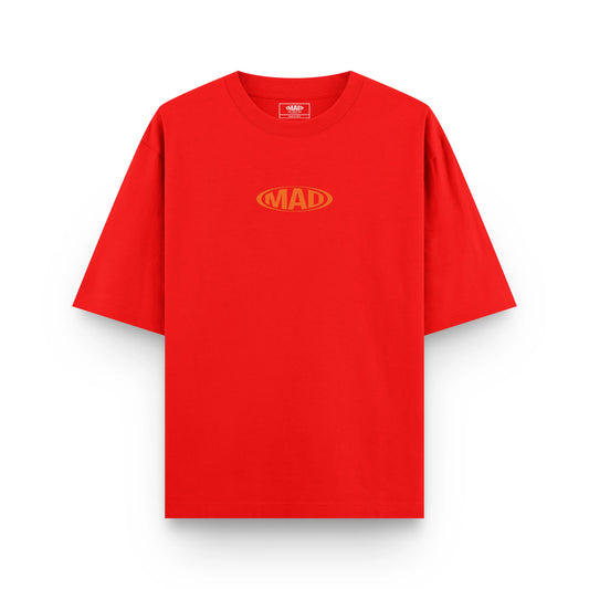 Mad About Drip red classic oversized unisex t-shirt with subtle red minimalist logo on chest.