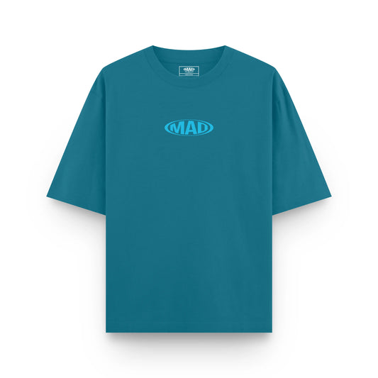Mad About Drip teal classic oversized unisex t-shirt with subtle teal minimalist logo on chest.