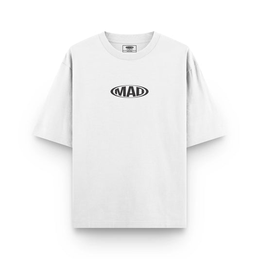 Mad About Drip white classic oversized unisex t-shirt with subtle black minimalist logo on chest.